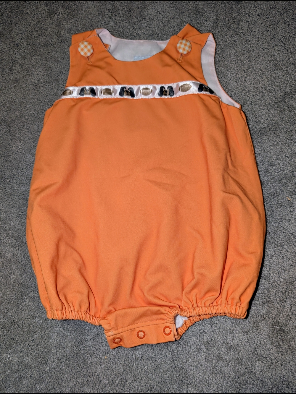 Busy Bees Tennessee Vols Romper with Gingham Buttons. 9M